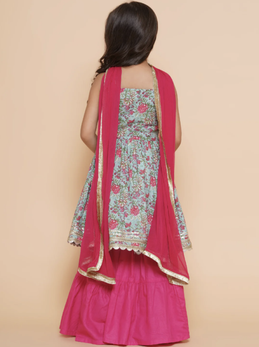 Blue Floral Printed Cotton Kurta With Sharara & Dupatta - Image 3